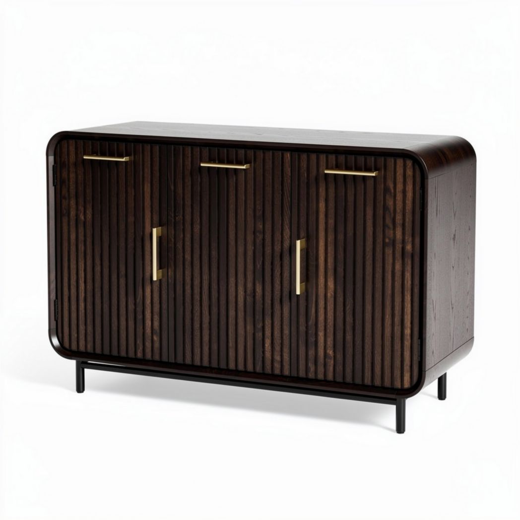 Dark wood sideboard cabinet with three doors and metal handles 120 x 50 x 80cm