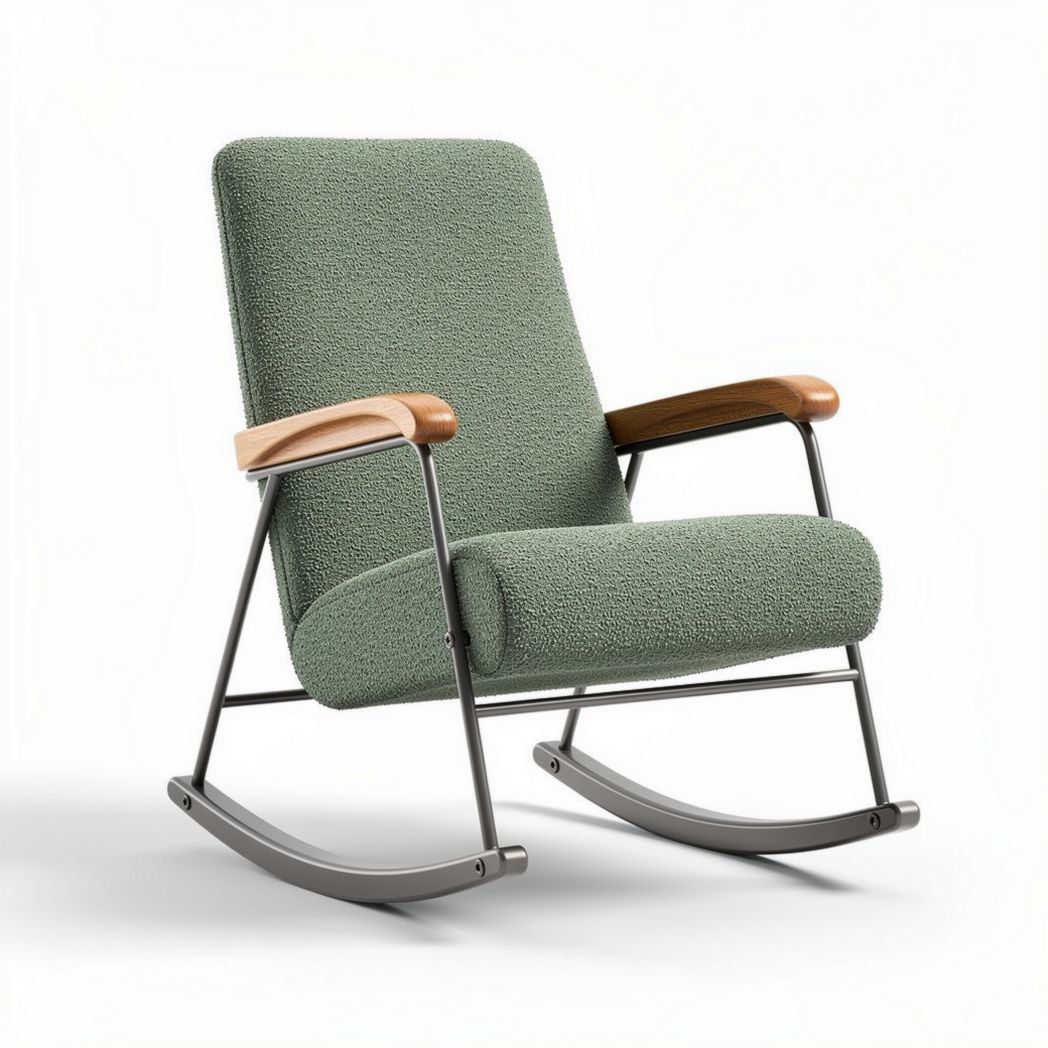 Rocking chair with wooden armrests and soft green fabric upholstery 70 x 70 x 90cm