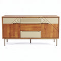 Wooden sideboard with multiple storage compartments in beige and brown finishes