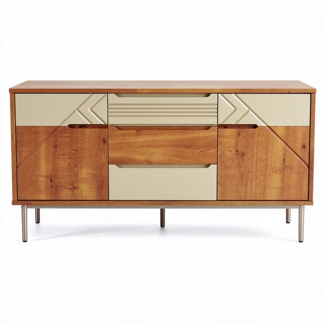 Wooden sideboard with multiple storage compartments in beige and brown finishes