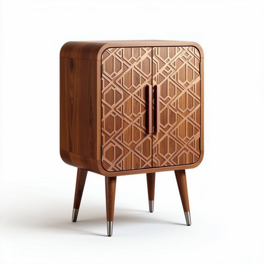 Geometric patterned wooden storage cabinet with two doors and tapered legs