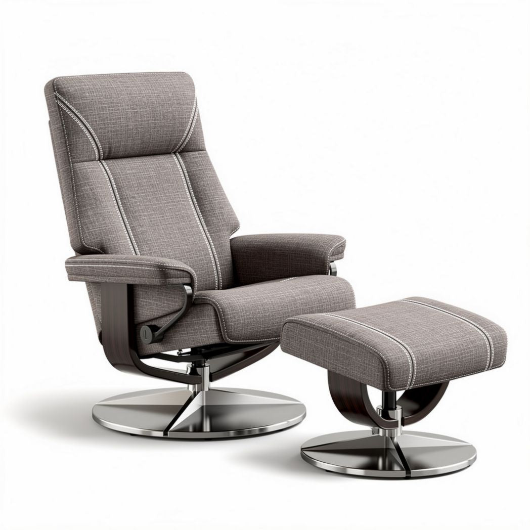 Adjustable reclining chair with footrest in gray fabric and chrome base
