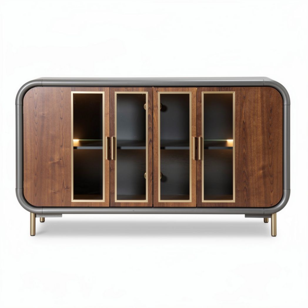Wooden sideboard with four glass doors and golden accents 150 x 45 x 80cm